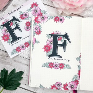 Adesivos para planejador com página de título inicial floral de fevereiro | Planejamento decorativo e funcional | Diário com marcadores | TN | Página de título aberta