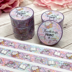Holografische washitape met pastelkleurige boeken en koffie | Decoratieve en functionele planning | Decoratieve tape | Papiertape | Lezen