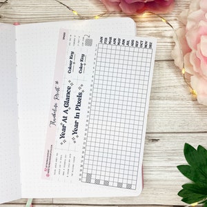 May include: A white planner with a black grid and the text "Year At A Glance" and "Year In Pixels" on a pink sticker. The planner is open to a page with a blank grid.
