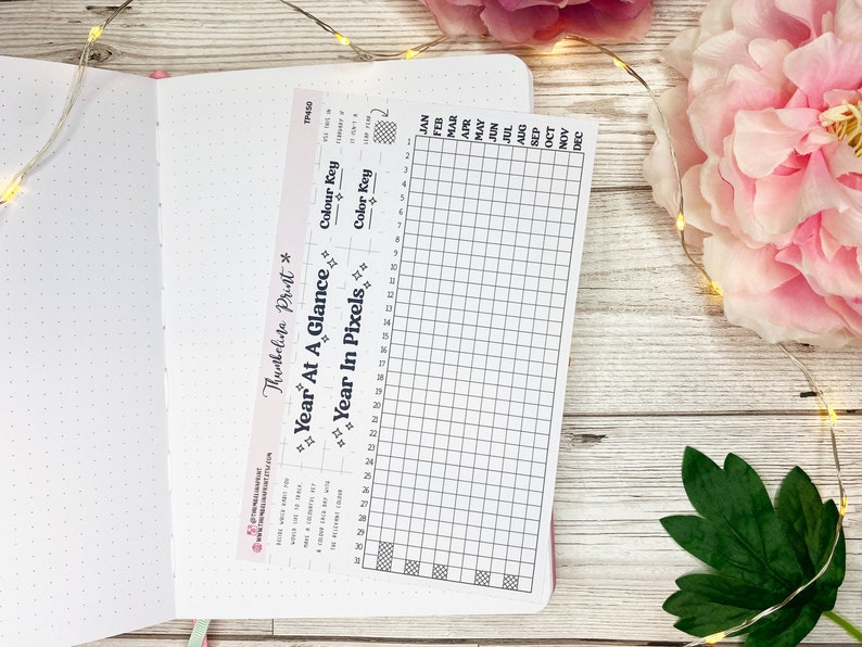 May include: A white planner with a black grid and the text "Year At A Glance" and "Year In Pixels" on a pink sticker. The planner is open to a page with a blank grid.