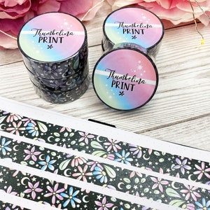 Fita Washi Holográfica Prateada com Flores Pretas Pastel | Planejamento Decorativo e Funcional | Fita Decorativa | Fita de Papel | Floral