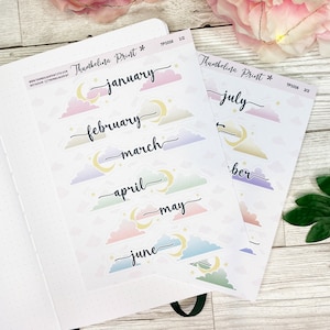Moon And Cloud Monthly Headers Script Planner Stickers | Decorative & Functional Planning | Journal Stickers | Script Sticker | Month Header