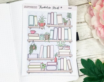 May include: A set of printable planner stickers featuring a bookshelf with books, plants, and a candle. The stickers are designed in a light blue, pink, and green color scheme. The text "Thumbelina Print*" and "TP907" is visible on the sticker sheet.
