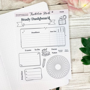 May include: Black and white printable study dashboard planner with sections for deadlines, exams, to do, focus notes, revision tracker, and hours studied. The planner also includes a circular focus tracker and a section for priorities.