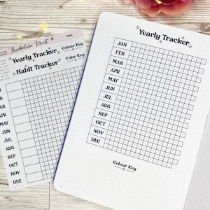 May include: A black and white printable habit tracker with a grid layout and monthly columns from January to December. The printable sheet includes the text "Yearly Tracker" and "Habit Tracker".