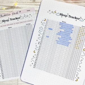 May include: A printable sleep tracker with a white background and black grid lines. The tracker has a section for recording the number of hours slept each night and a section for rating energy levels. The tracker is decorated with clouds, stars, and moons.