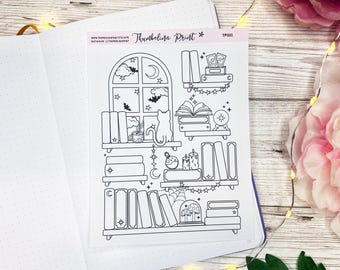 Witchy Reading Bookshelf Tracker In Black And White | Decorative & Functional Planning | Reading Journal | Book Stickers | Book Log