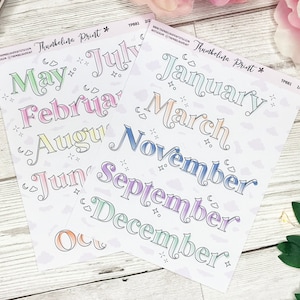 May include: Two sheets of stickers with colorful, handwritten-style month names. The sheets are printed on white paper with a light blue, pink, and yellow gradient. The text on the sheets reads "Thumbelina Print*" and "TP081 3/2".