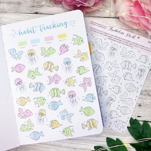 Fisch Habit Tracker Aufkleber | Dekorative & Funktionale Planung | Stimmung Tracker | Zeitschrift | Notizen-Seite | Kürbisse | Tropischer Fisch
