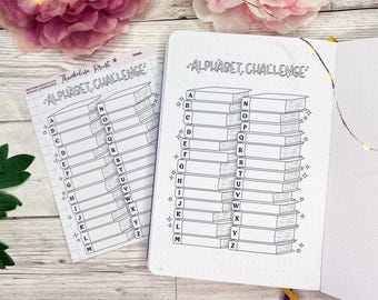 Alphabet Challenge Book Stack Journal Sticker In Black And White | Decorative & Functional Planning | Reading Journal | Book Tracker
