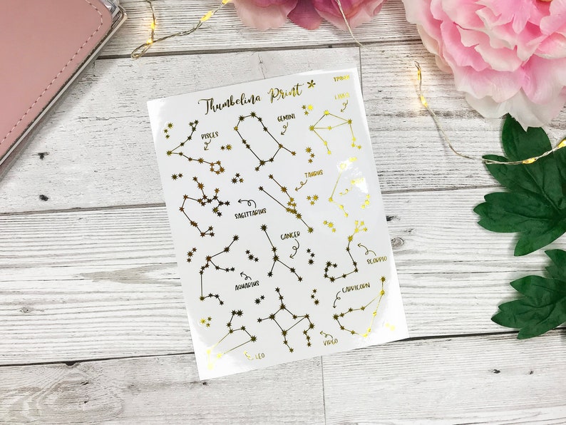 May include: A sheet of gold foil constellation stickers with the names of each constellation written in black. The constellations include Pisces, Gemini, Taurus, Sagittarius, Cancer, Aquarius, Capricorn, Virgo, and Leo.