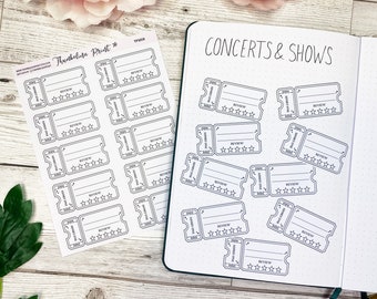 Concert Or Show Ticket Planner Stickers in Black & White | Theatre Review | Concert Review | Gig Stickers | Festival Ticket | Opera Ticket