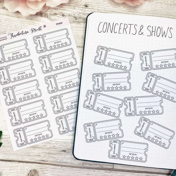Concert Or Show Ticket Planner Stickers in Black & White | Theatre Review | Concert Review | Gig Stickers | Festival Ticket | Opera Ticket