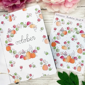 May include: A sheet of stickers featuring a wreath of fall leaves, pumpkins, and mushrooms. The stickers are on a white background with a light pink and green gradient. The text "Thumbprint Print" is in the top right corner of the sheet. The text "TP1172" is in the top right corner of the sheet.
