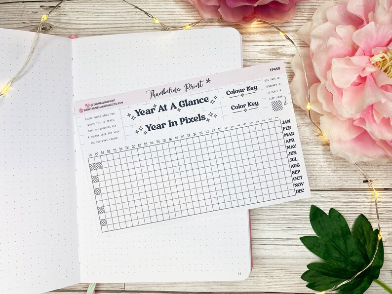May include: A black and white printable planner page with the title "Year at a Glance" and "Year in Pixels". The page is divided into a grid with 12 columns representing months and 52 rows representing weeks. There are two colour key sections labelled "Colour Key" at the top of the page.