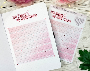 May include: A printable 30-day self-care tracker with a pink and white gradient background. The tracker has 30 squares with lines for writing and a heart in each square. The text "30 Days of Self Care" is in a retro font with pink and white letters.