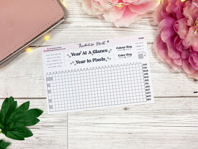 May include: A printable year at a glance and year in pixels planner with a colour key. The planner has a grid with 12 columns for each month of the year and 31 rows for each day of the month.