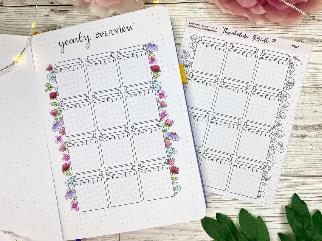 Floral Yearly Overview Blank Calendar Planner Sticker | Journal ...