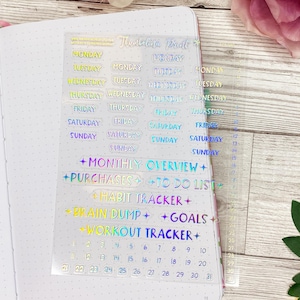 May include: A clear sheet of rainbow holographic stickers with days of the week, calendar numbers, and planner titles like "Monthly Overview", "Purchases", "To Do List", "Habit Tracker", "Brain Dump", "Goals", and "Workout Tracker".