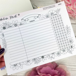 May include: A white paper planner insert featuring a black ink floral border. The page includes columns labeled Product, Thoughts, and Rating with rows of stars for tracking. Text includes Thumbelina Print, TP911, and social media handles.
