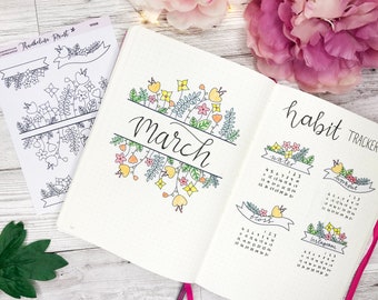 Bloemen decoratieve titelstickers | Decoratieve & functionele planning | Zwart-wit | Kleur in | Titelpagina | Journaal decoratie