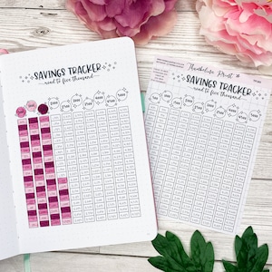 May include: A printable savings tracker with a grid and circles to track savings goals from £500 to £5,000. The tracker is printed on white paper with black ink and has a pink gradient.