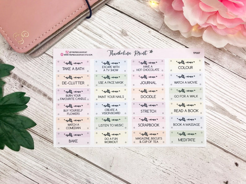 Self Care Planner Stickers Decorative & Functional Planning Self Care Stickers Script Stickers Me Time Pastel image 2