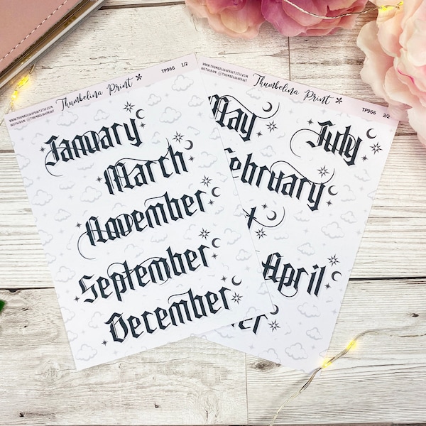Gothic Monthly Headers Script Planner Stickers | Decorative & Functional Planning | Journal Stickers | Script Stickers | Month Header