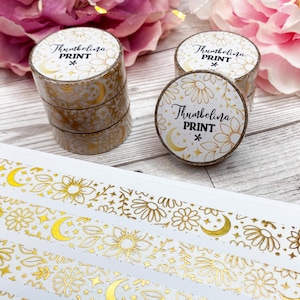 Holografische gouden washitape met bloemen | Decoratieve en functionele planning | Decoratieve tape | Papiertape | Bloemen | Bloemen | Maan | Sterren