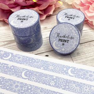 Hemelsblauwe washitape met bloemen | Decoratieve en functionele planning | Decoratieve tape | Papiertape | Bloemen | Bloemen | Maan | Sterren | Pastelkleur