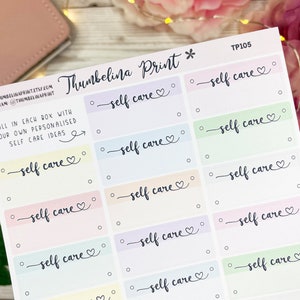 May include: A sheet of self-care planner stickers with pastel-coloured boxes. Each box has the words "self care" in a handwritten font with a heart. The sheet also includes the text "Fill in each box with your own personalised self care ideas."