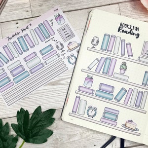 Crie uma estante de leitura com adesivos em uma paleta de lavanda e menta | Bullet Journal | Página de notas | Planejamento decorativo e funcional