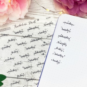 May include: A clear sticker sheet and a notebook with days of the week written in black script. The sticker sheet has multiple instances of the days of the week, with star accents. The notebook has the days of the week written in a list.