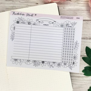 May include: A white rectangular sticker sheet featuring a black and white floral border and a grid layout for tracking reviews. The header includes the text Thumbelina Print, Product, Thoughts, and Rating, with rows of stars for rating entries.