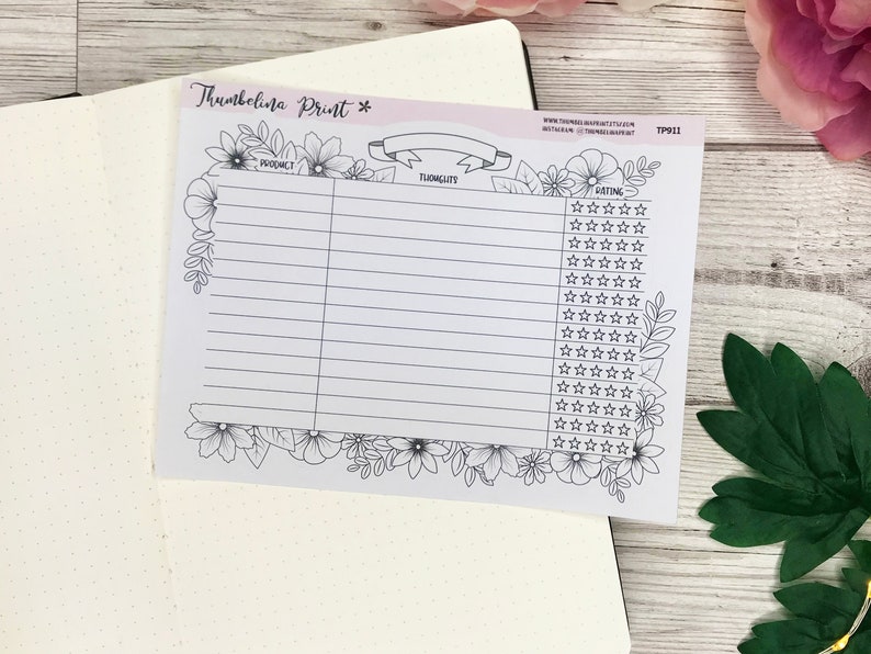 May include: A white rectangular sticker sheet featuring a black and white floral border and a grid layout for tracking reviews. The header includes the text Thumbelina Print, Product, Thoughts, and Rating, with rows of stars for rating entries.