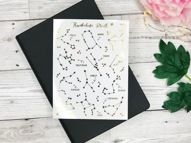May include: A sheet of gold foil constellation stickers with the names of each constellation written in black. The constellations include Pisces, Gemini, Taurus, Sagittarius, Cancer, Aquarius, Scorpio, Capricorn, and Virgo.