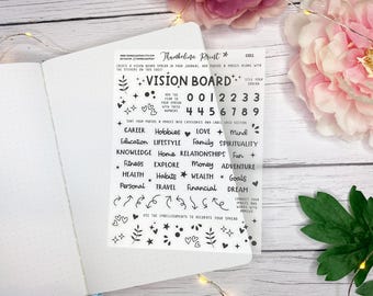 Tablero de visión con pegatinas transparentes mate para diario en negro / Planificación decorativa y funcional / Tablero de estado de ánimo / Pegatinas para diario / Configuración anual