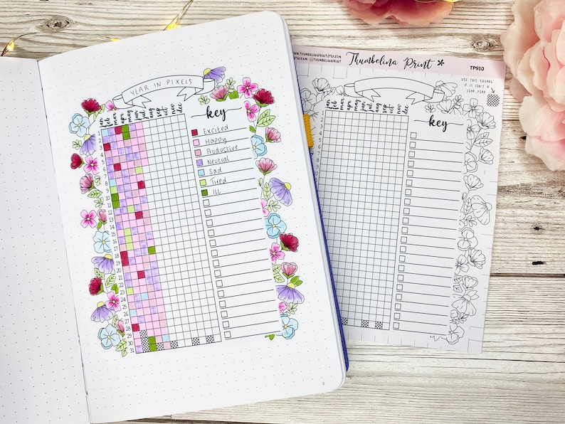 May include: A year in pixels mood tracker with a key listing different emotions: excited, happy, productive, neutral, sad, tired, ill. The tracker is decorated with a floral border.