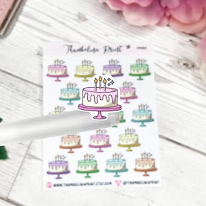 Adesivos para Planejador de Ícones de Bolo de Aniversário | Decorativos e Funcionais | Desenhados à Mão | Adesivos para Bolo | Mini Ícones | Celebração | Adesivos de Ícones