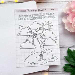 Könnte beinhalten: Schwarz-Weiß-Illustration einer einsamen Insel mit einer Palme, Sonne, Wolken und dem Text "5 ITEMS I WOULD TAKE ON A DESERTED ISLAND". Das Bild befindet sich auf einem Rasterhintergrund.