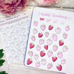 Sticker Strawberry Habit Tracker | Decoratieve en functionele planning | Stemmingstracker | Dagboek | Notitiepagina | Aardbeien | Fruit