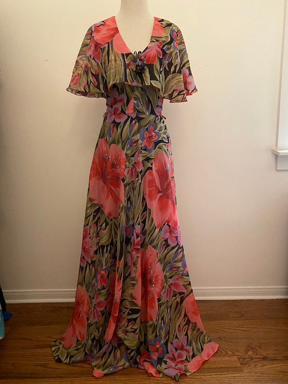 70s Floral Chiffon Cape Dress
