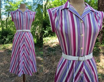 France Rivoire Sleeveless Midi Dress, Trapeze Cut and Colorful Stripes, Pin-up Chic Vintage 60s – Fr. 38-40