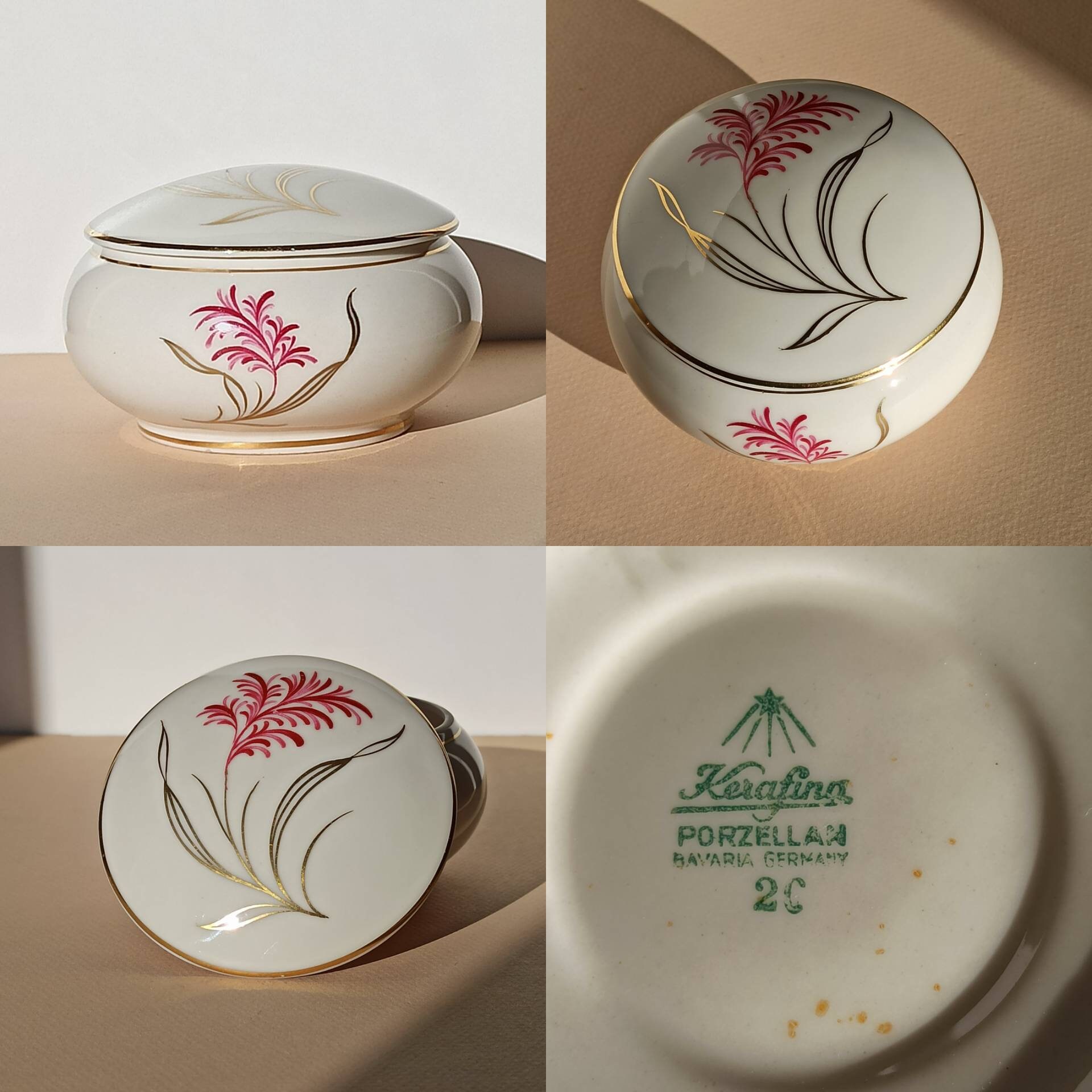 1960S Bonbonnière en Porcelaine de Bavière Signée Kerafina Décor Floral Peint à La Main/Boîte Bijoux