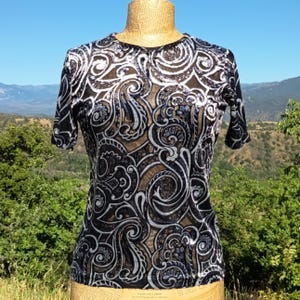 Black and Silver Velvet Made in France Top - 90s Glamour Vintage - Size S-M