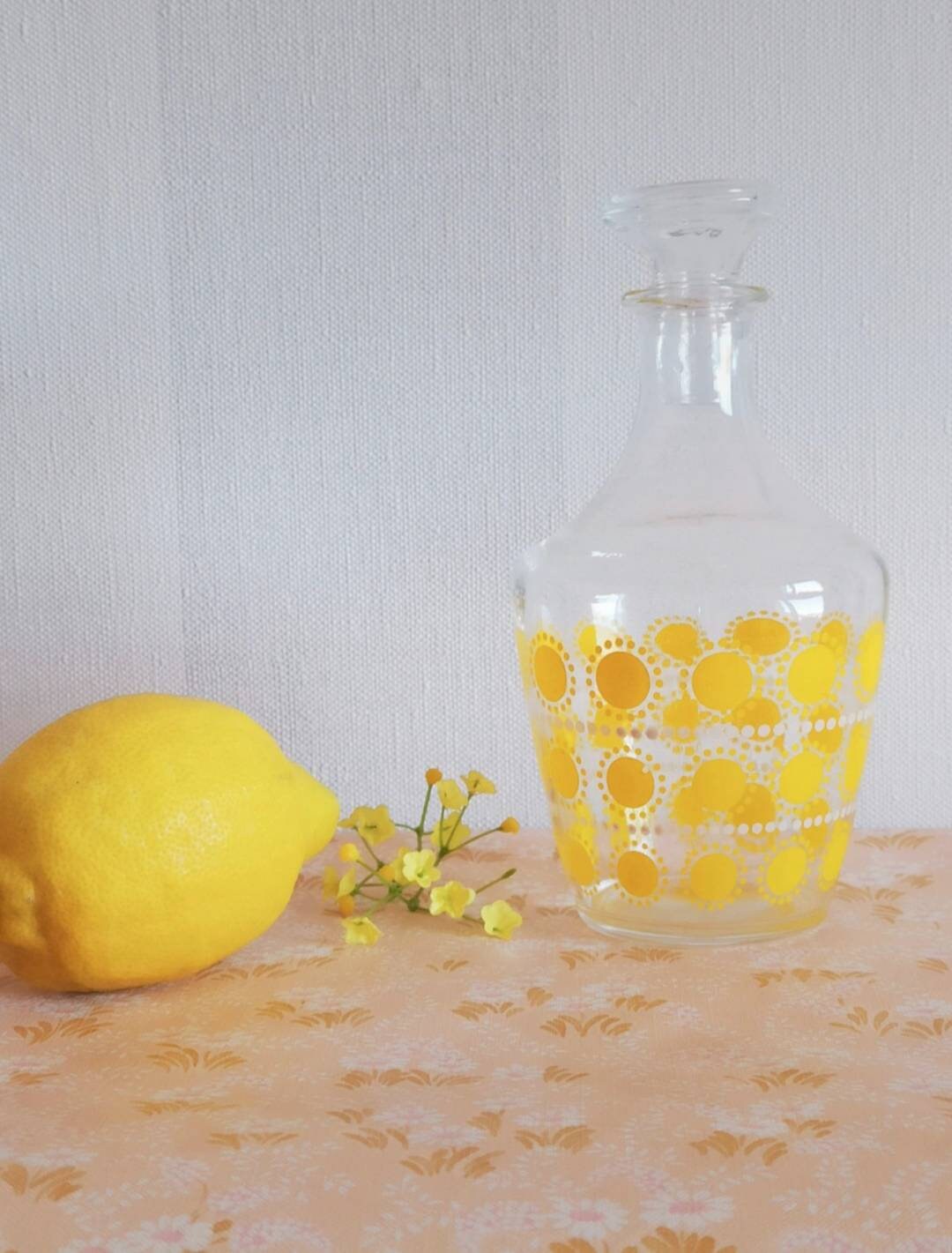 1960S Carafe à Liqueur Vintage en Verre et Motifs Graphique Jaune Citron