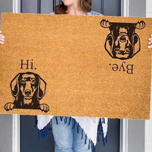 Hi Bye Dachshund Dog Doormat, Housewarming Gift, Welcome Door Mat, Personalized Custom Doormat, New Home Gift, Wedding Gift, Dachshund Gift