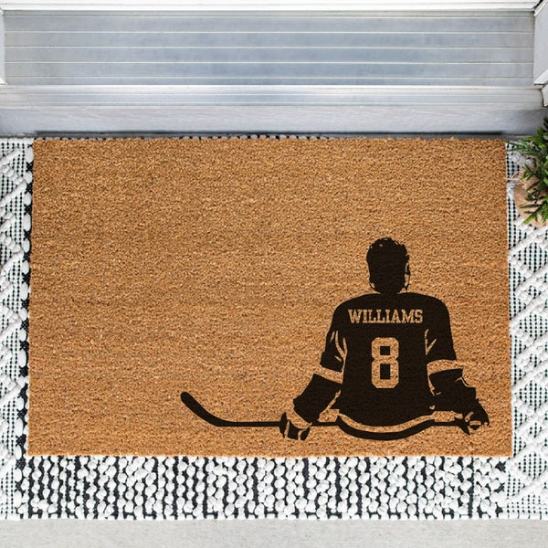 Hockey Player Doormat, Winter Door Mat, Sport Welcome Mat, Hockey Gift, Christmas Gift, Cute Doormat, Hockey Jersey, Coach Gift, Ice Hockey