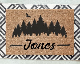 Trees Family Name Doormat / Forrest Door Mat / Welcome Mat / Hiker / Mountains / Last Name / Surname / Summer / Family Name / Wedding