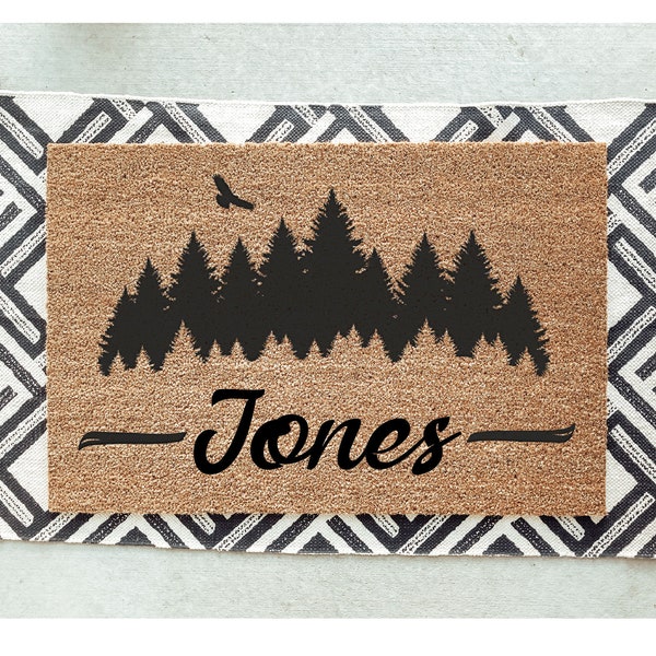 Trees Family Name Doormat / Forrest Door Mat / Welcome Mat / Hiker / Mountains / Last Name / Surname / Summer / Family Name / Wedding